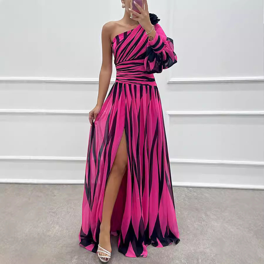 Printed Diagonal Shoulder Split Dress
