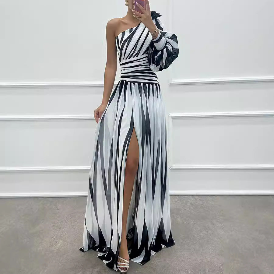 Printed Diagonal Shoulder Split Dress
