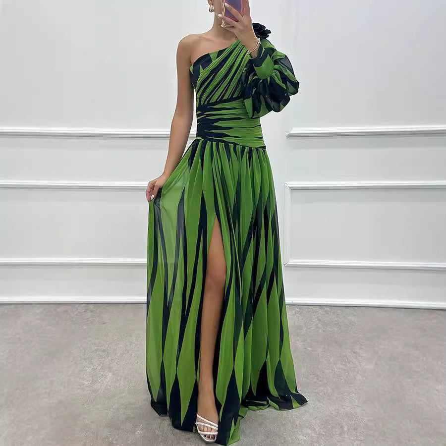 Printed Diagonal Shoulder Split Dress