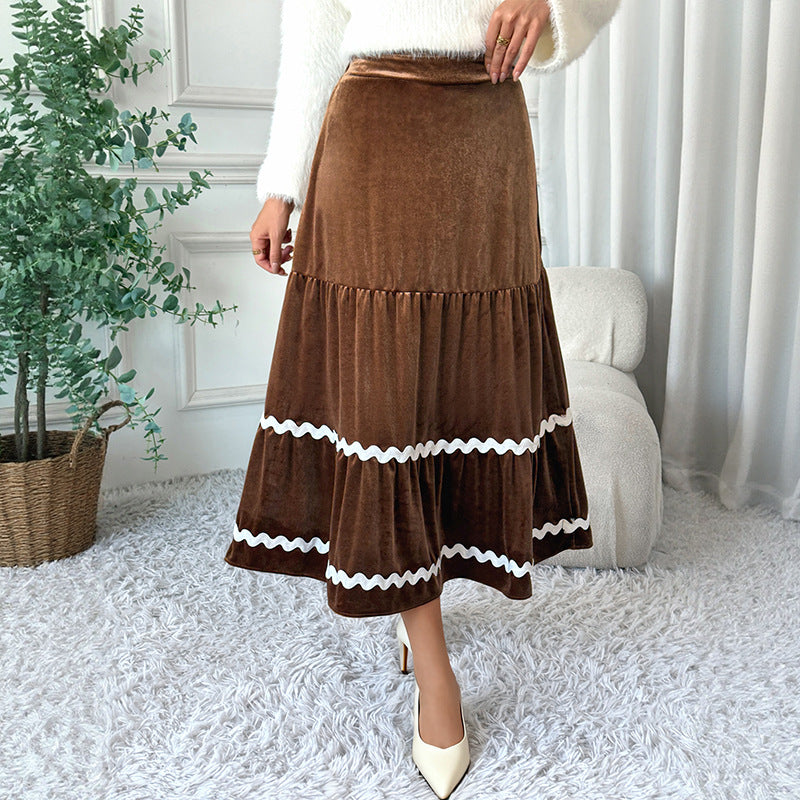 Mid Length Lace Skirt Women Autumn Winter Velvet Big Hem A line Skirt