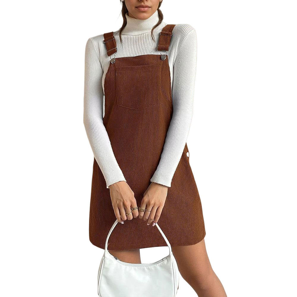 Pocket Strap Corduroy Dress Solid Color Casual Suspender Skirt Women
