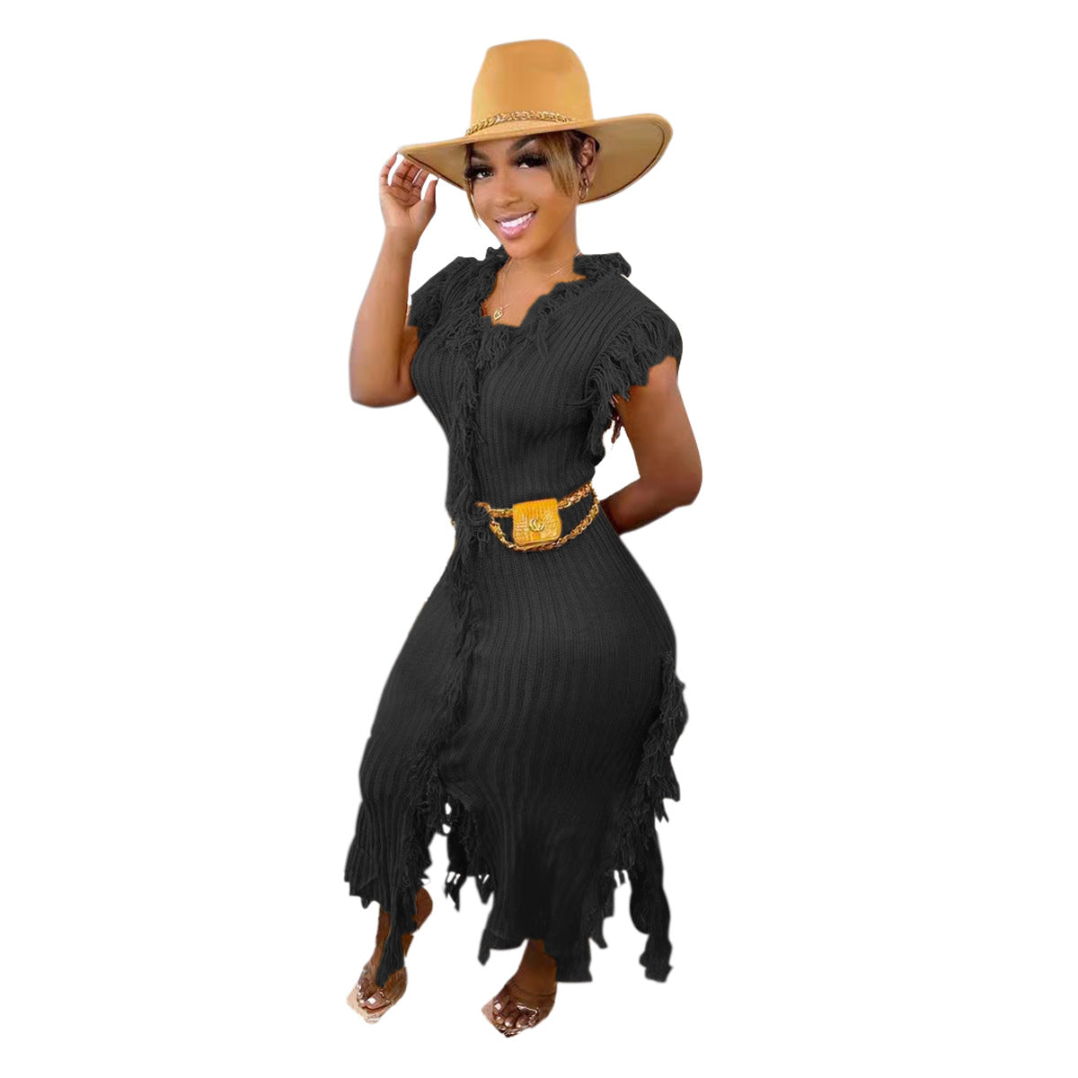Women Clothing Casual Solid Color Knitted Sleeveless Tassel Dress