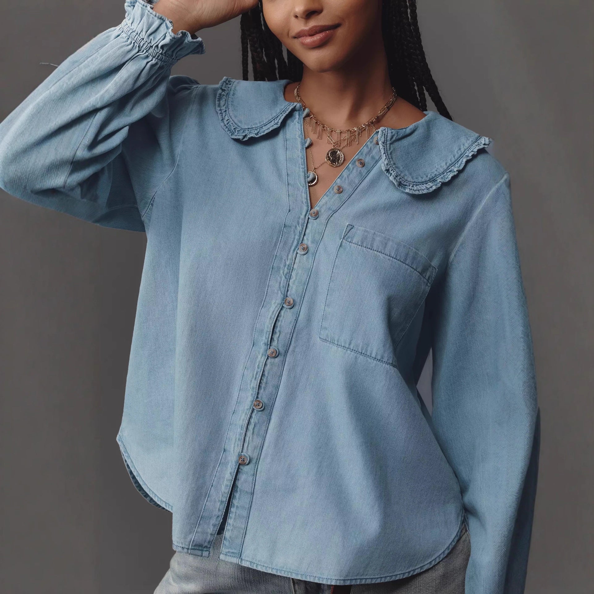 Clara Balloon-Sleeve Denim Blouse