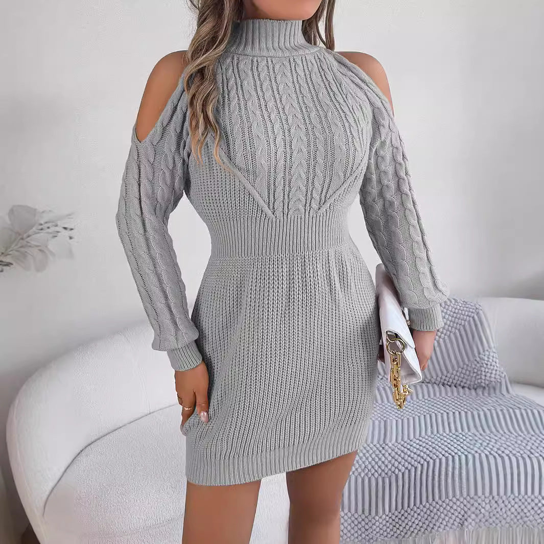 Frost-Grey Cold-Shoulder Sweater Dress