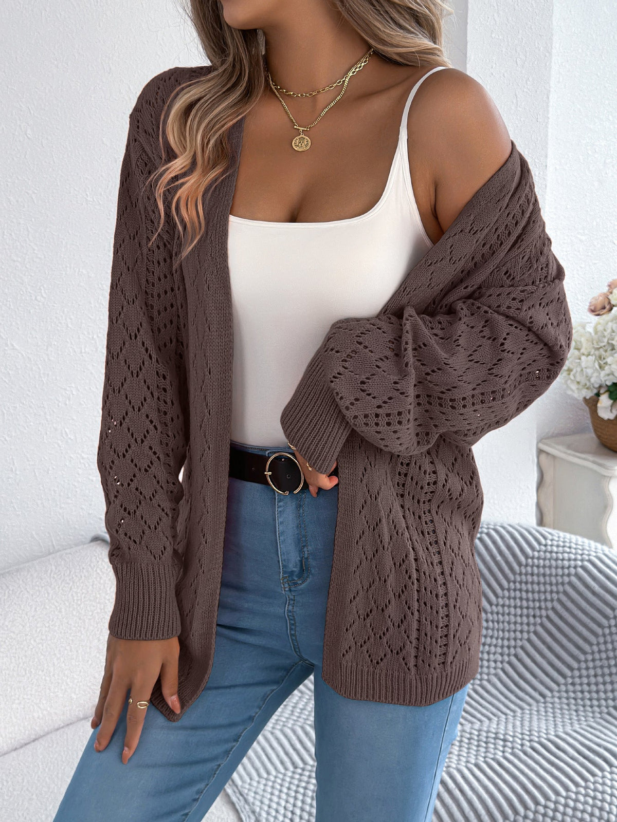 Lightweight Open-Front Crochet Knit Cardigan