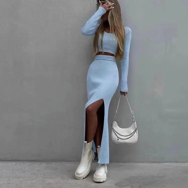 Solid Knit 2-Piece Skirt Outfit