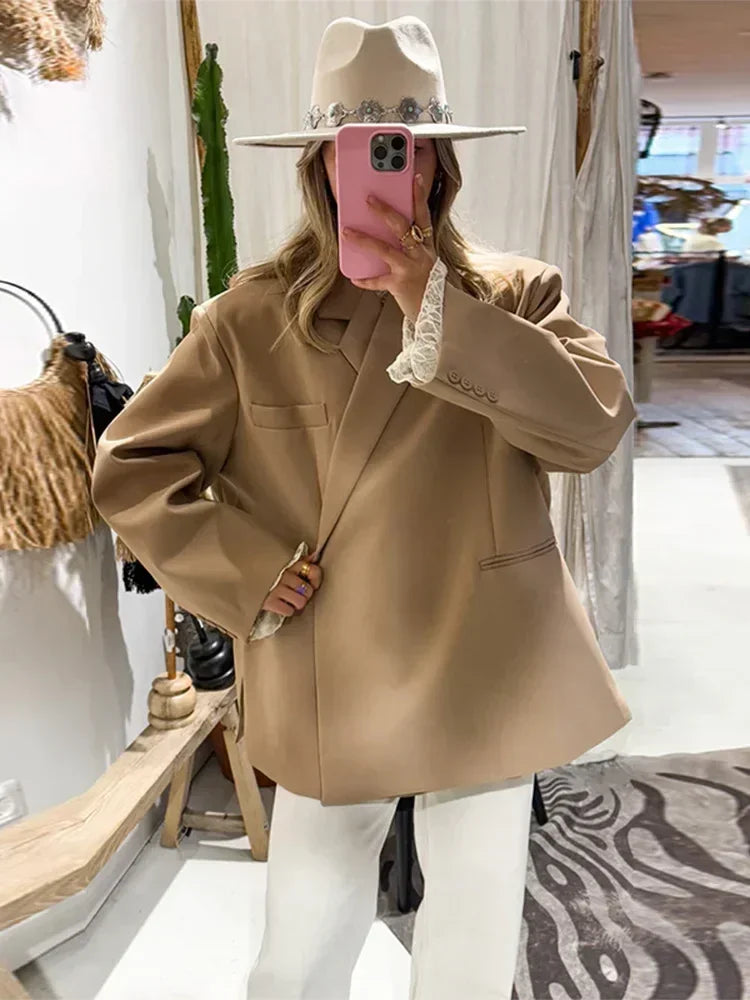Women's V-Neck Side-Buttoned Suit Jacket Long Sleeve Solid Color Coats Pocket Cuffs Oversize Tops High Street Female Clothes