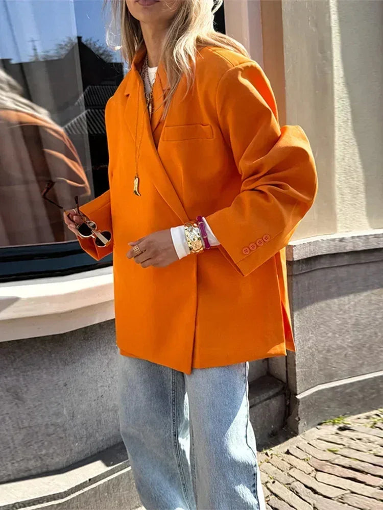 Women's V-Neck Side-Buttoned Suit Jacket Long Sleeve Solid Color Coats Pocket Cuffs Oversize Tops High Street Female Clothes