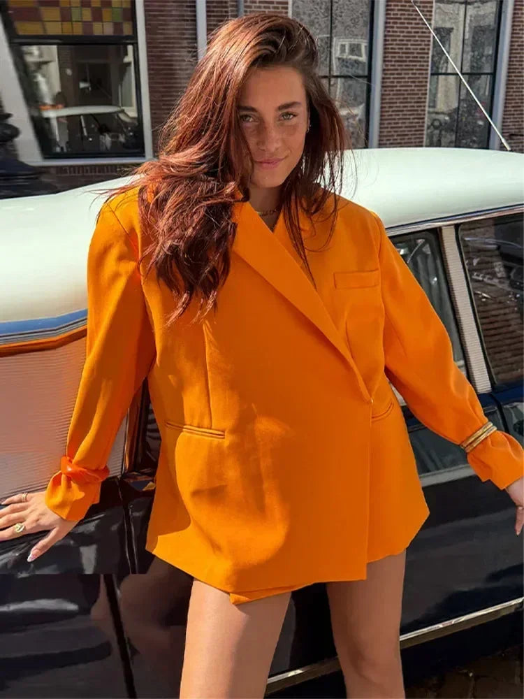 Women's V-Neck Side-Buttoned Suit Jacket Long Sleeve Solid Color Coats Pocket Cuffs Oversize Tops High Street Female Clothes