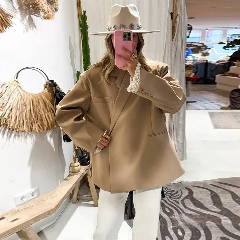 Women's V-Neck Side-Buttoned Suit Jacket Long Sleeve Solid Color Coats Pocket Cuffs Oversize Tops High Street Female Clothes