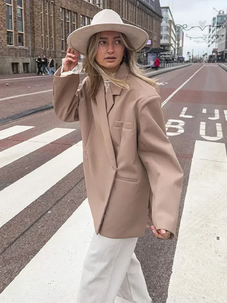 Women's V-Neck Side-Buttoned Suit Jacket Long Sleeve Solid Color Coats Pocket Cuffs Oversize Tops High Street Female Clothes