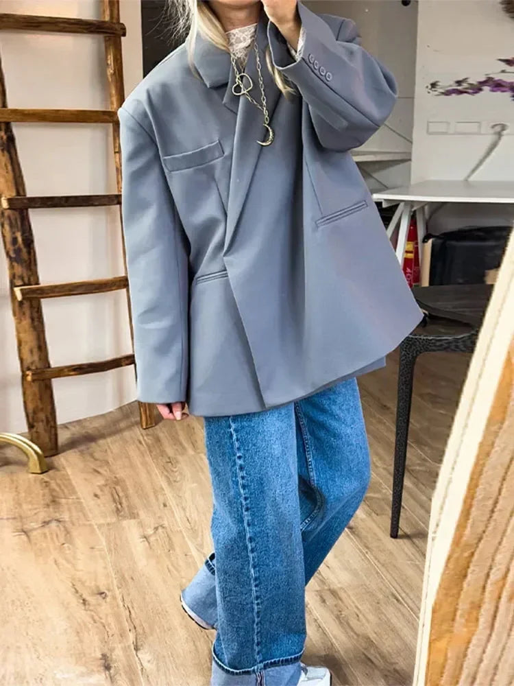 Women's V-Neck Side-Buttoned Suit Jacket Long Sleeve Solid Color Coats Pocket Cuffs Oversize Tops High Street Female Clothes