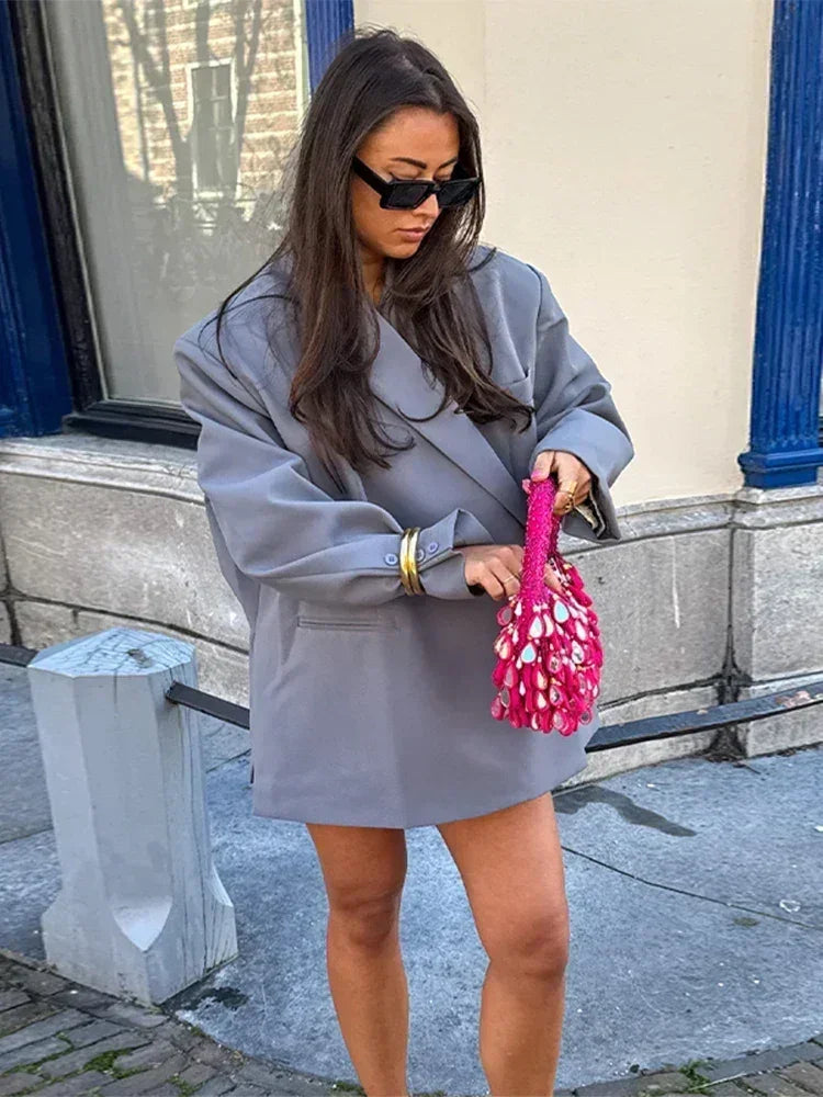 Women's V-Neck Side-Buttoned Suit Jacket Long Sleeve Solid Color Coats Pocket Cuffs Oversize Tops High Street Female Clothes