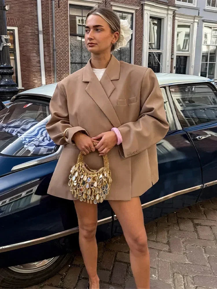 Women's V-Neck Side-Buttoned Suit Jacket Long Sleeve Solid Color Coats Pocket Cuffs Oversize Tops High Street Female Clothes