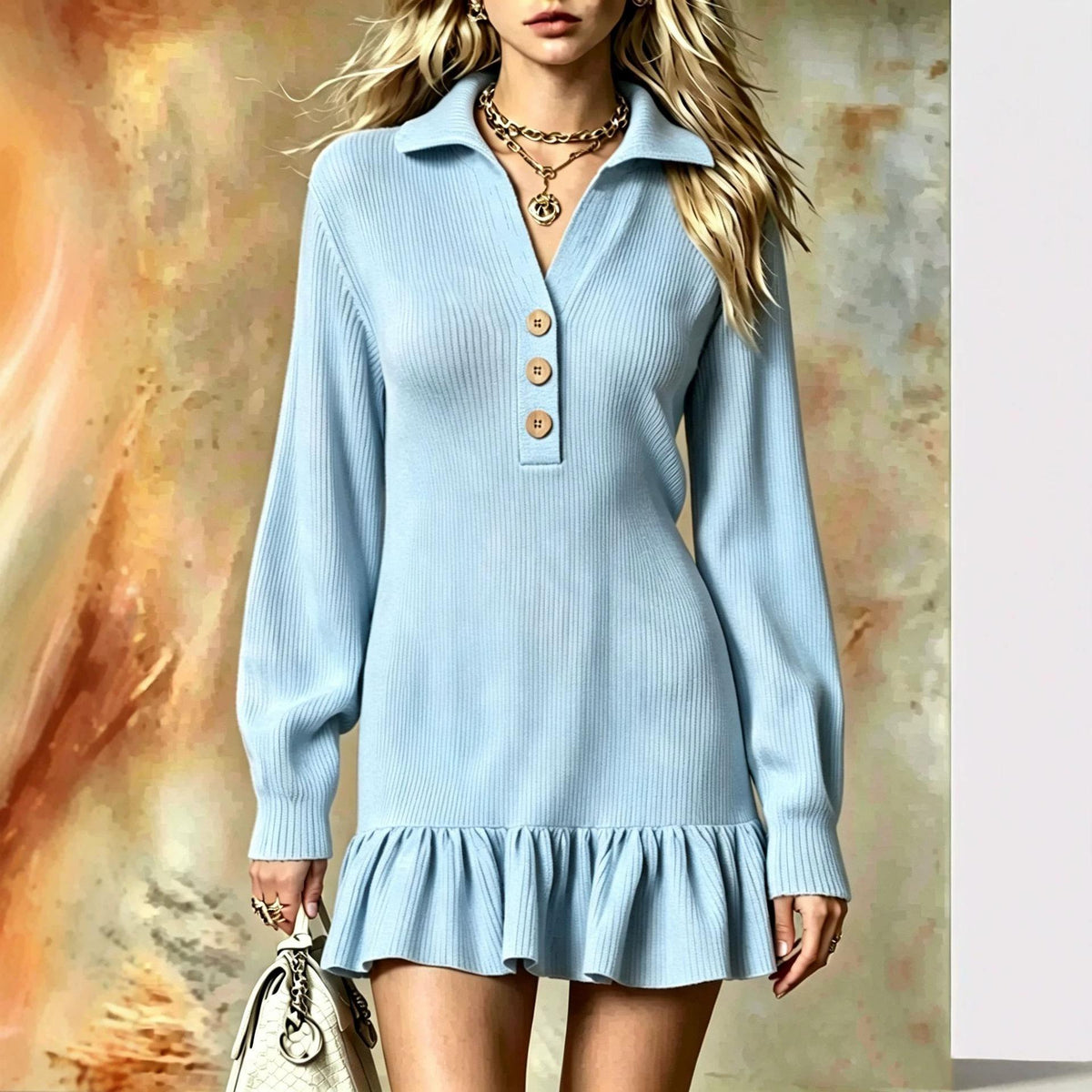 Ribbed Knit Polo Dress W/ Ruffle Hem Mini Dress