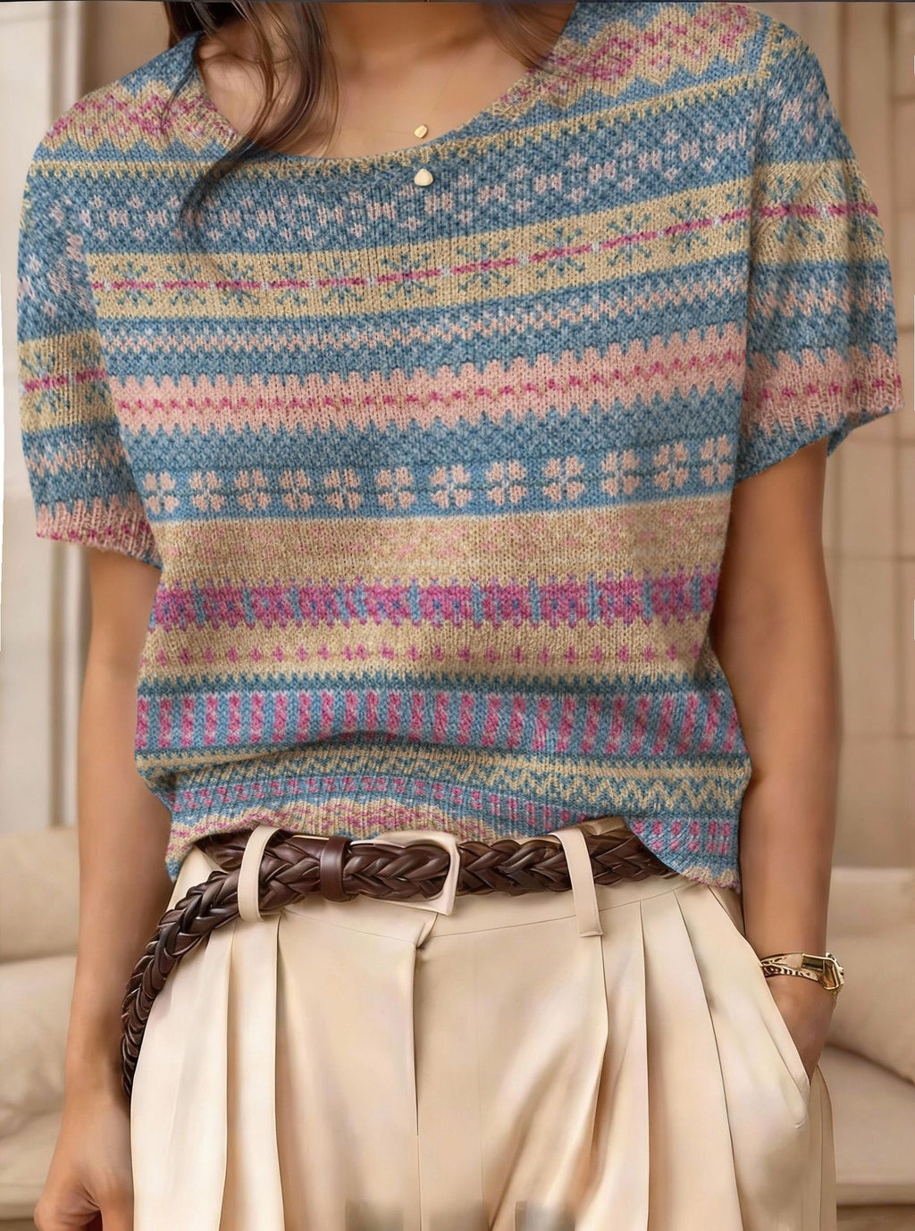 Retro Short-Sleeve Jacquard Knit Top