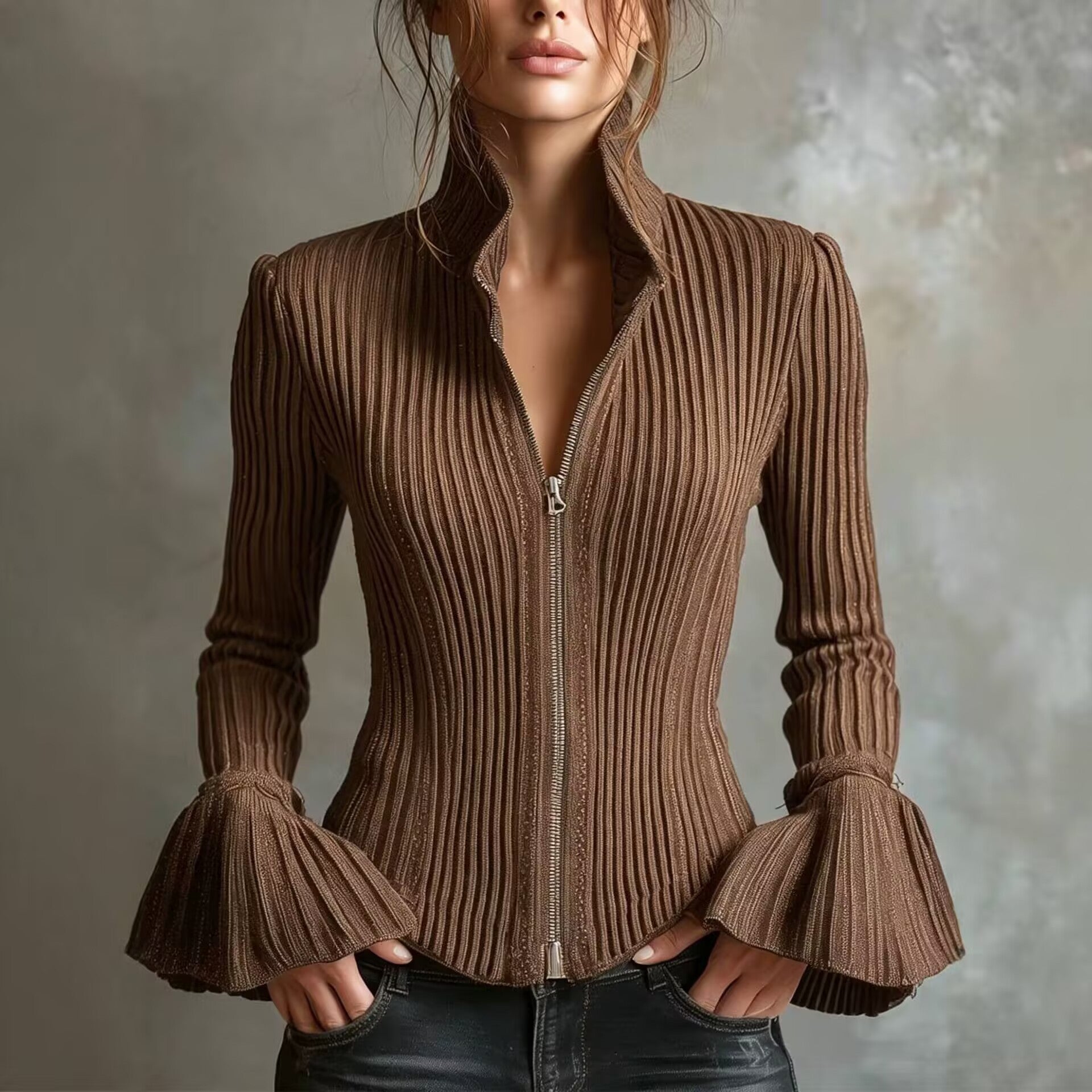 Slim-Fit Rib-Knit Zip-Up Top