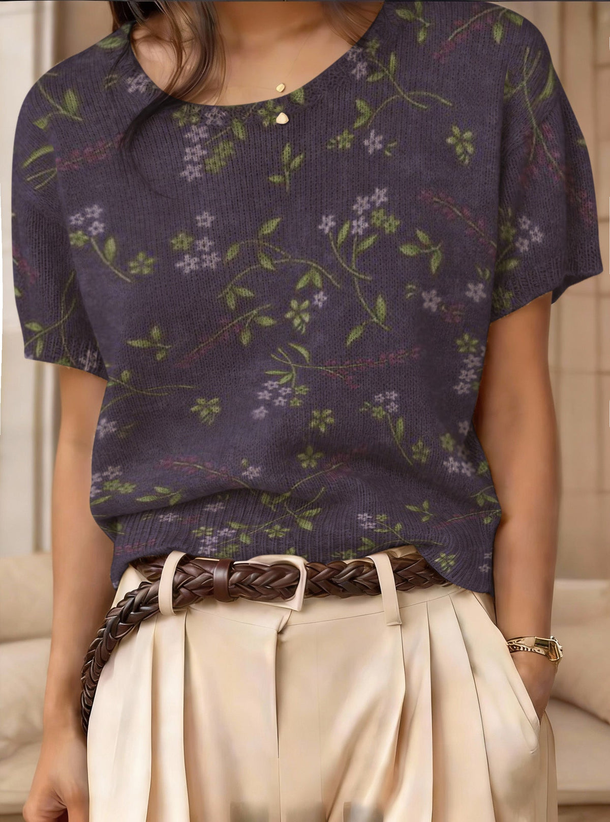 Retro Short-Sleeve Jacquard Knit Top