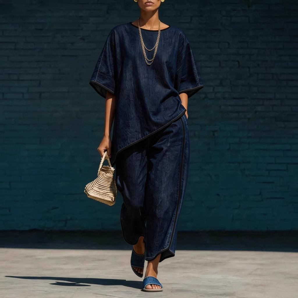 Denim-Style Knit Top & Wide-Leg Pants Set