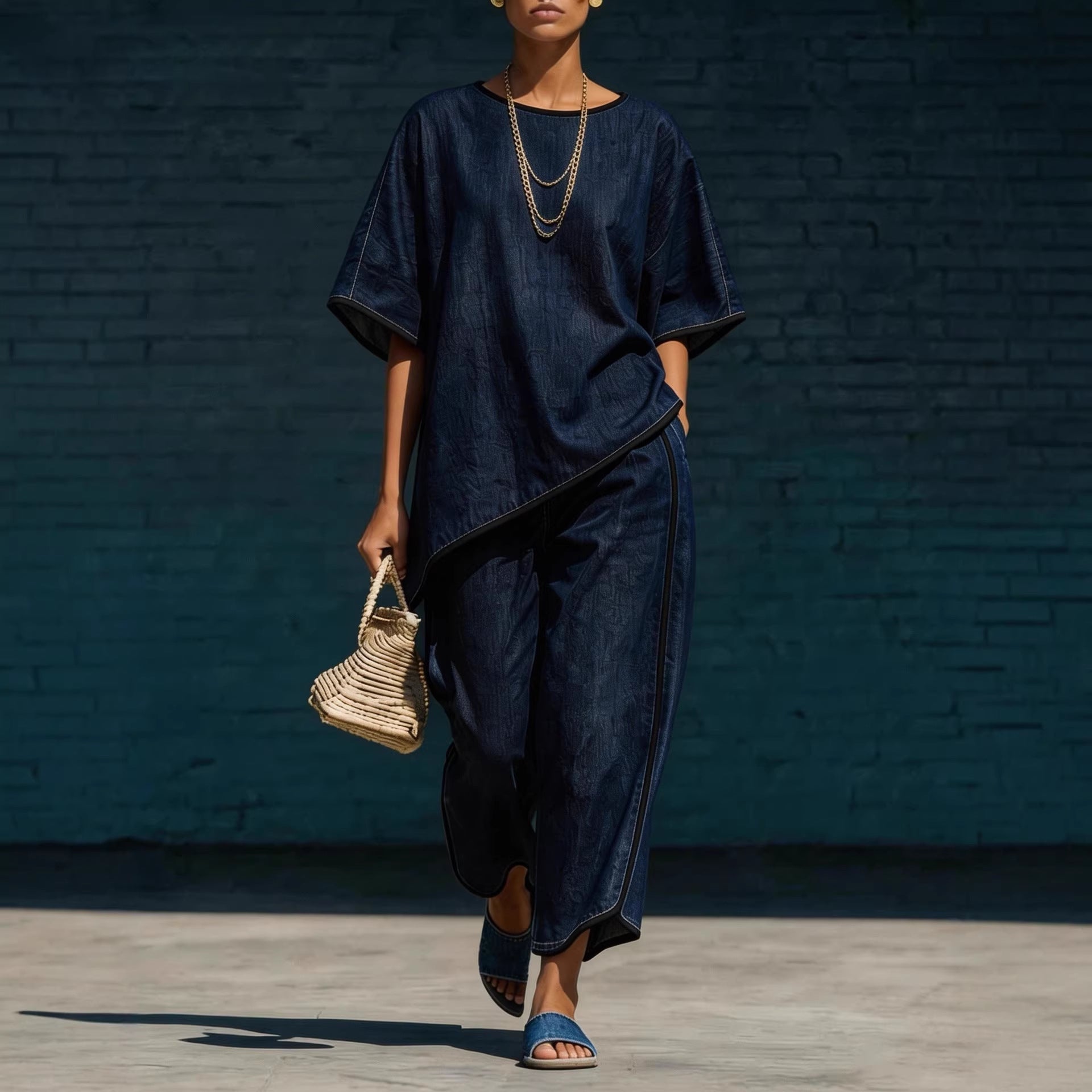 Denim-Style Knit Top & Wide-Leg Pants Set