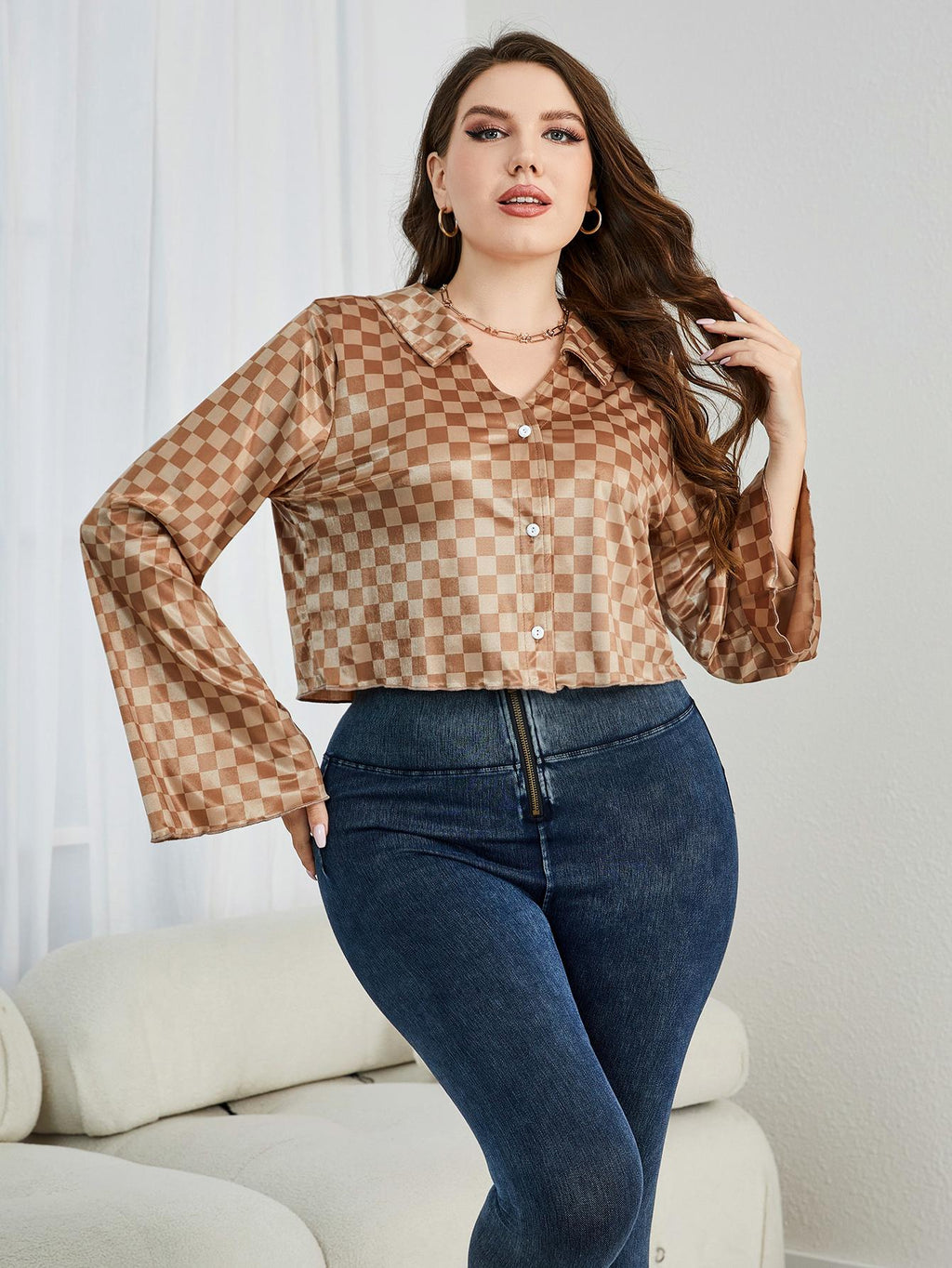 Plus Size Checkered Johnny Collar Flare Sleeve Shirt See size chart under “more details”