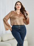 Plus Size Checkered Johnny Collar Flare Sleeve Shirt See size chart under “more details”