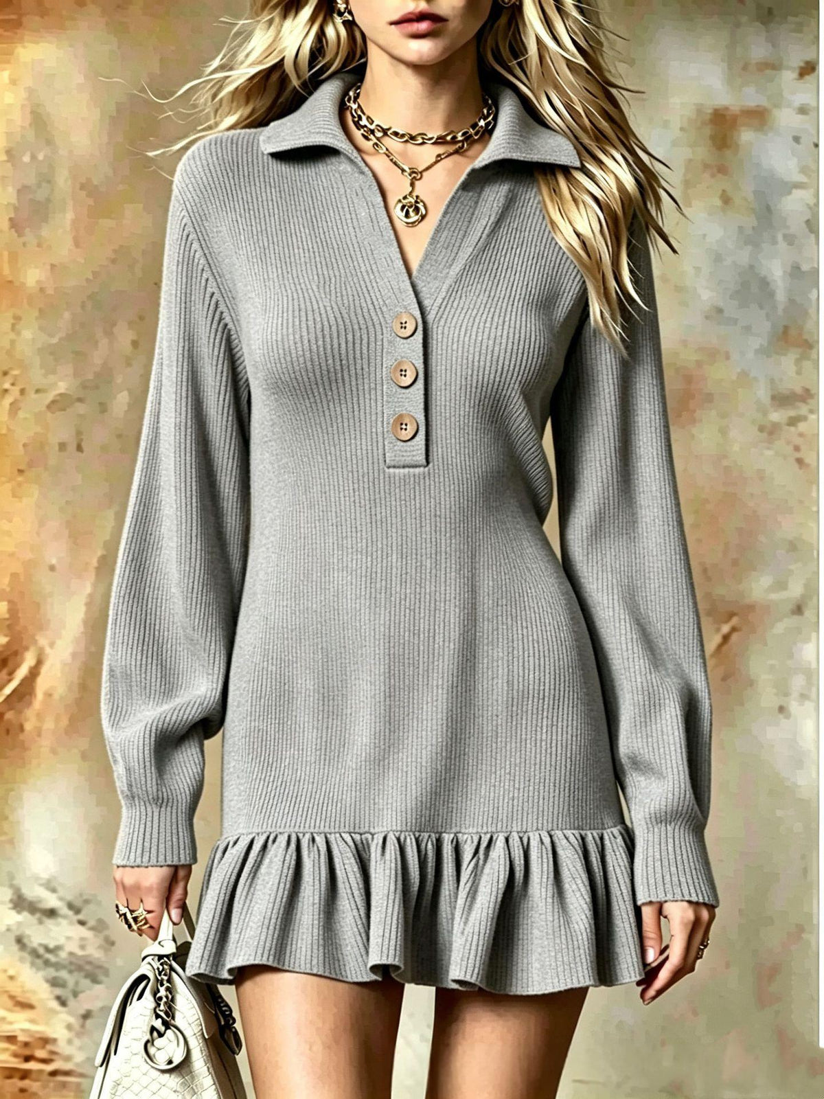 Ribbed Knit Polo Dress W/ Ruffle Hem Mini Dress