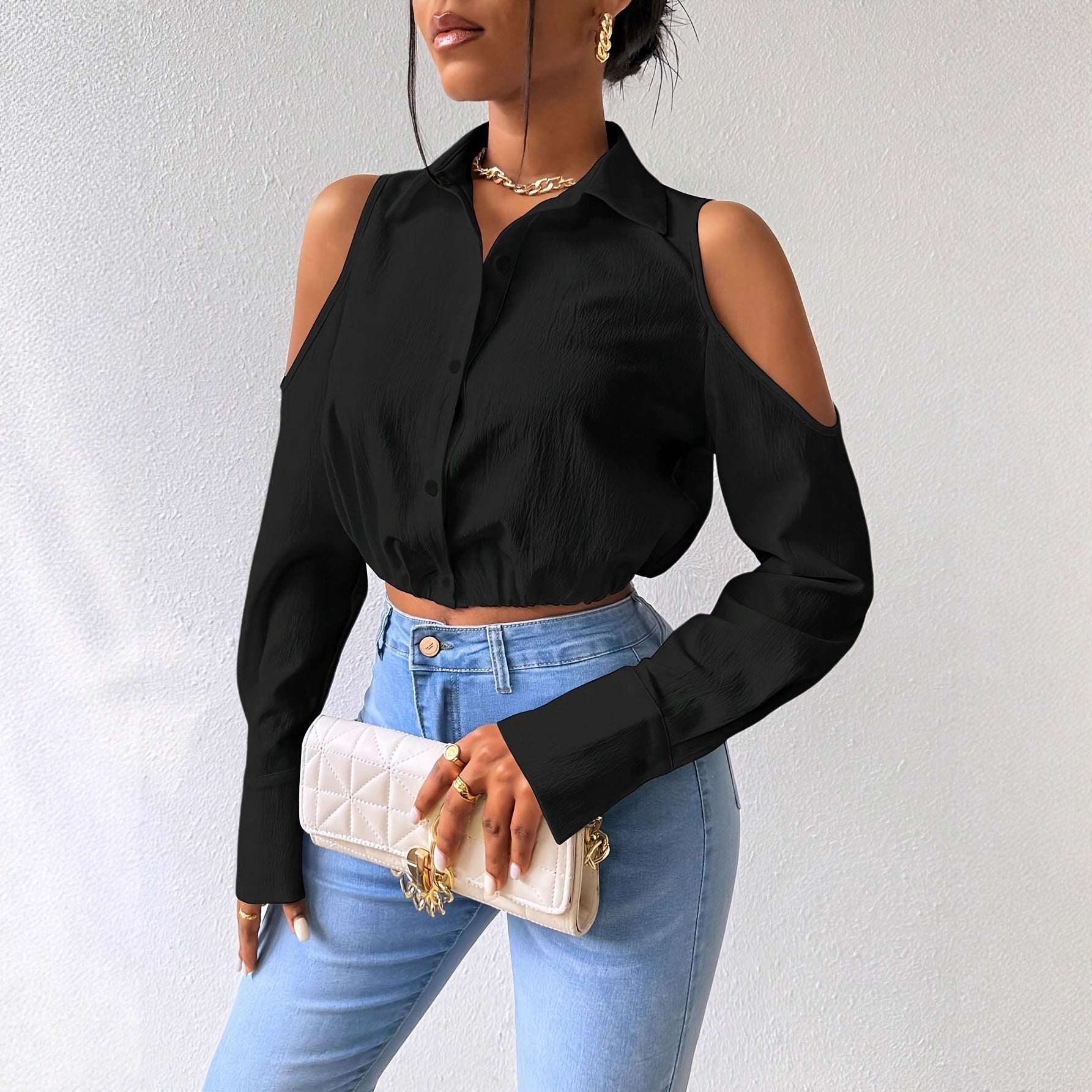 Textured Cold-Shoulder Blouse