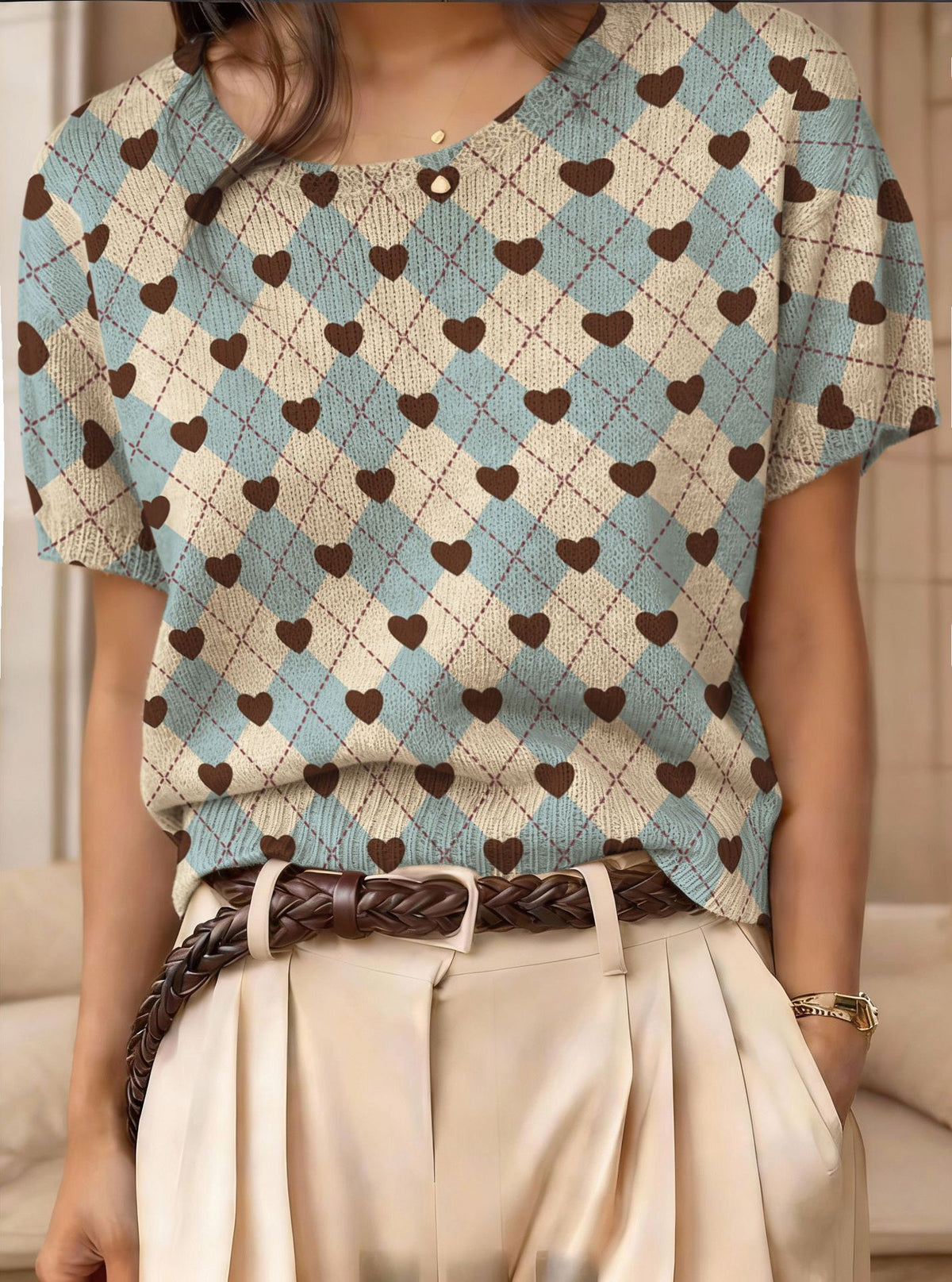 Retro Short-Sleeve Jacquard Knit Top