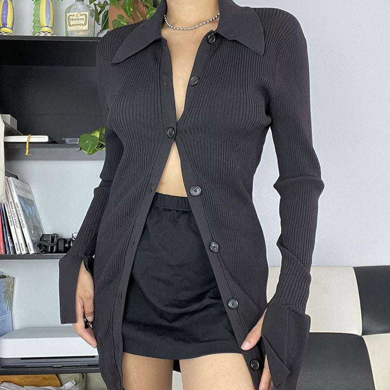 Ribbed Knit Button Cardigan Top – Black