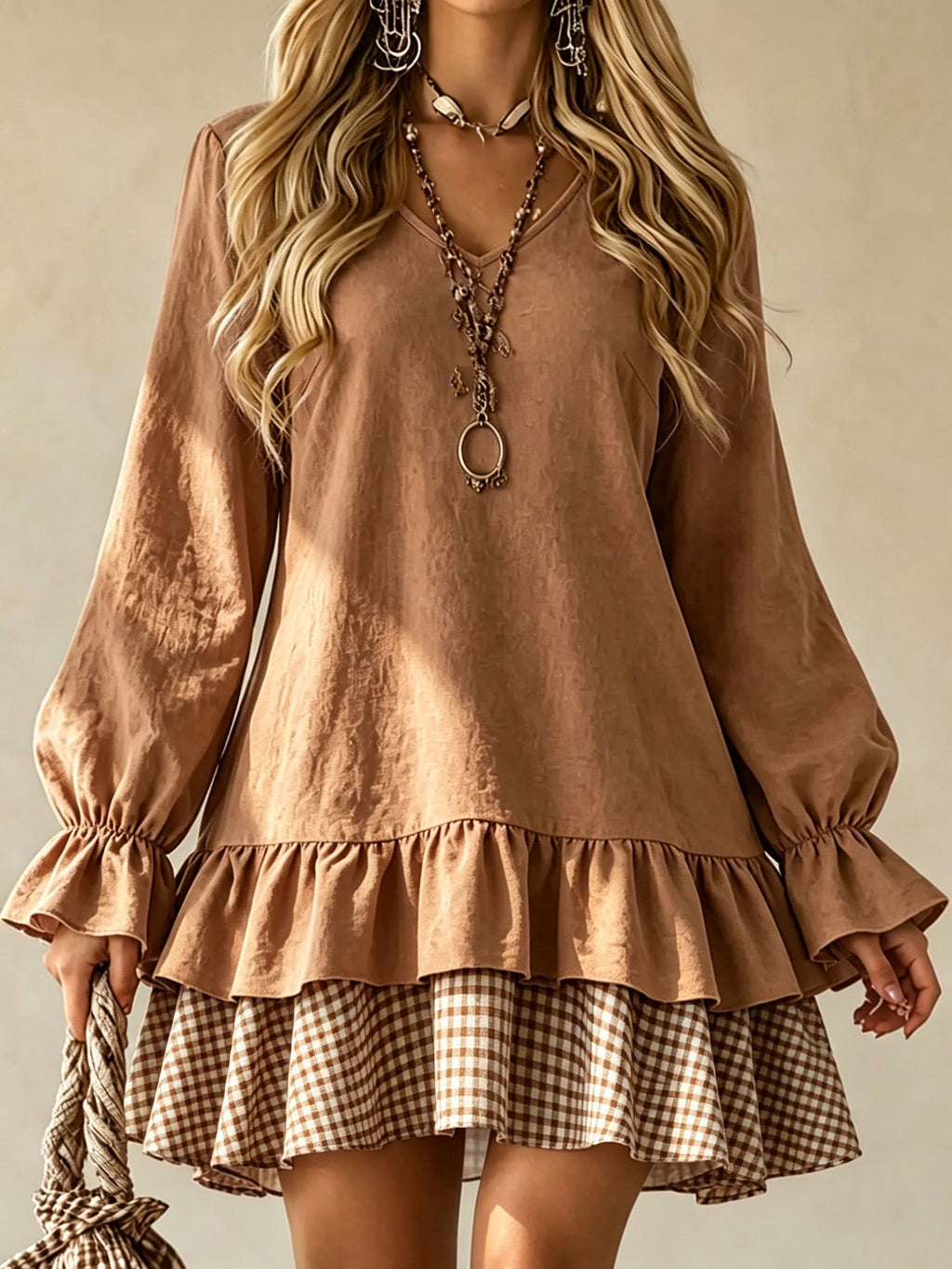 Plaid Patchwork Mini Dress W/ Ruffle Sleeve
