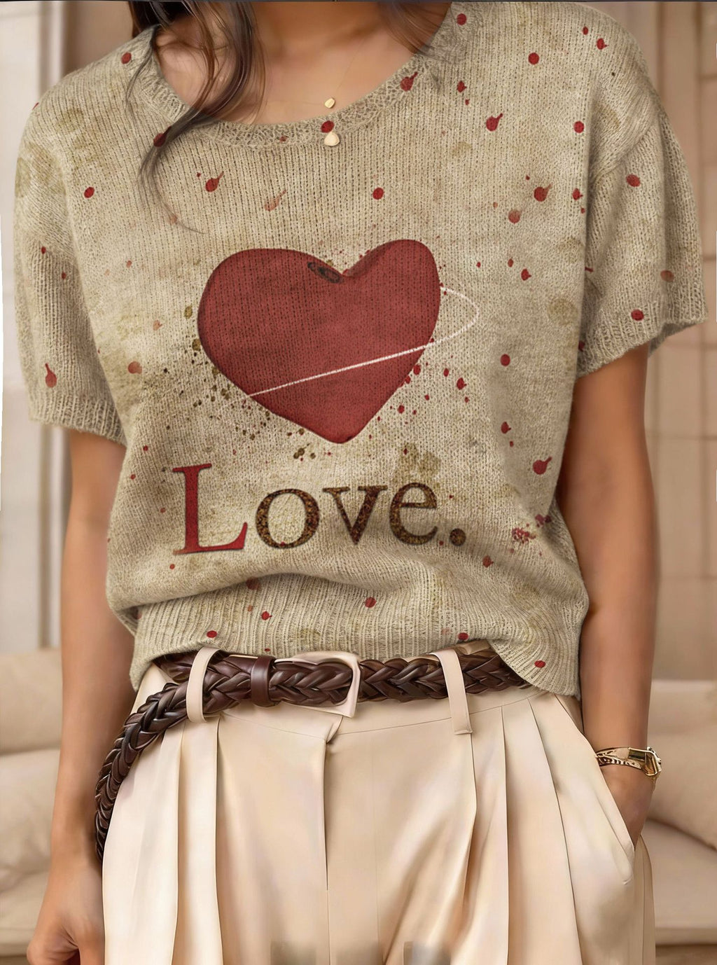 Retro Short-Sleeve Jacquard Knit Top