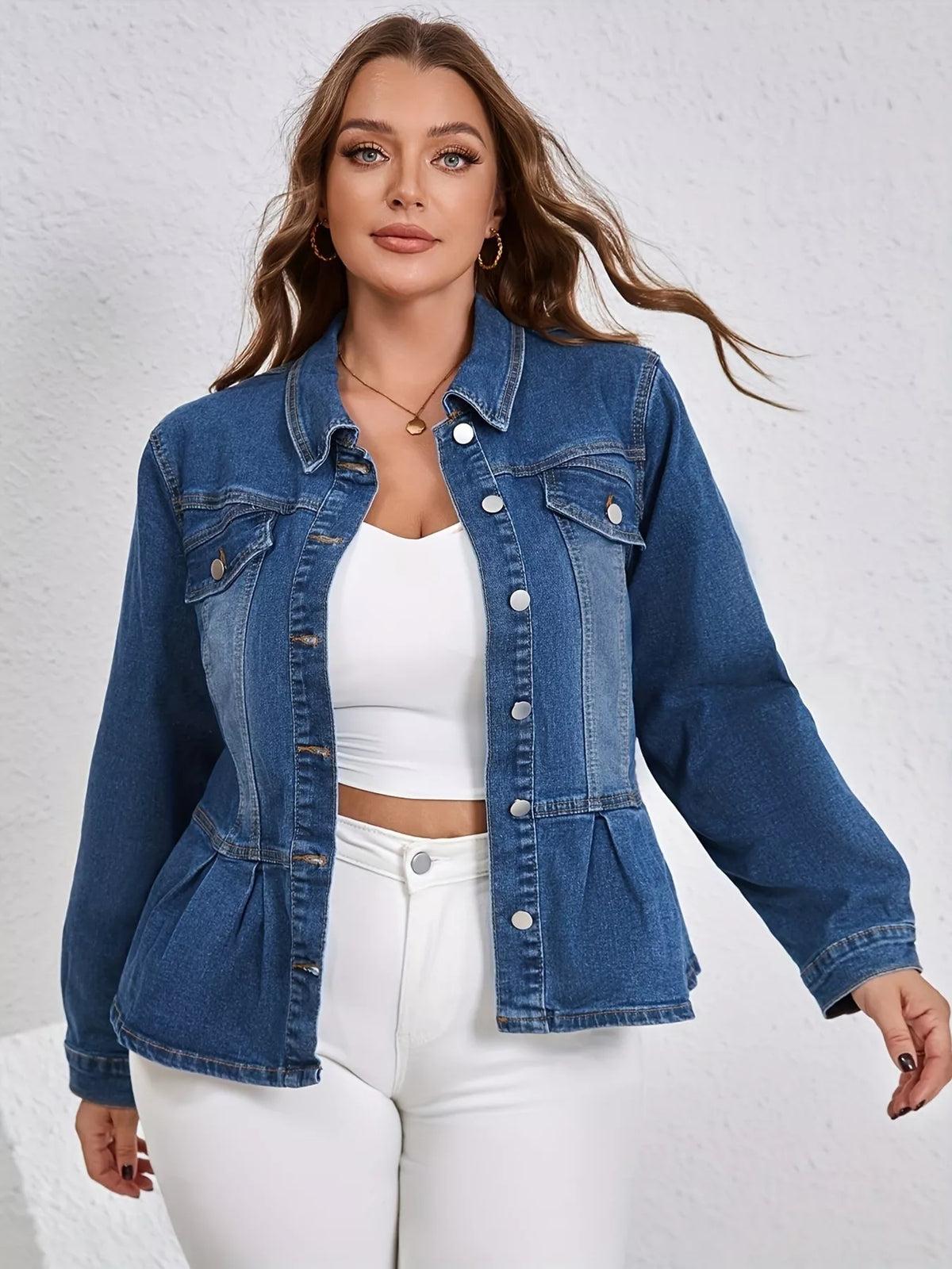 Plus Size Button-Up Peplum Denim Jacket See size chart under “more details”