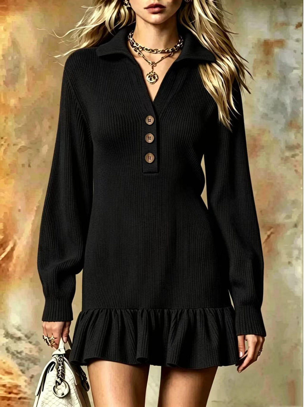 Ribbed Knit Polo Dress W/ Ruffle Hem Mini Dress
