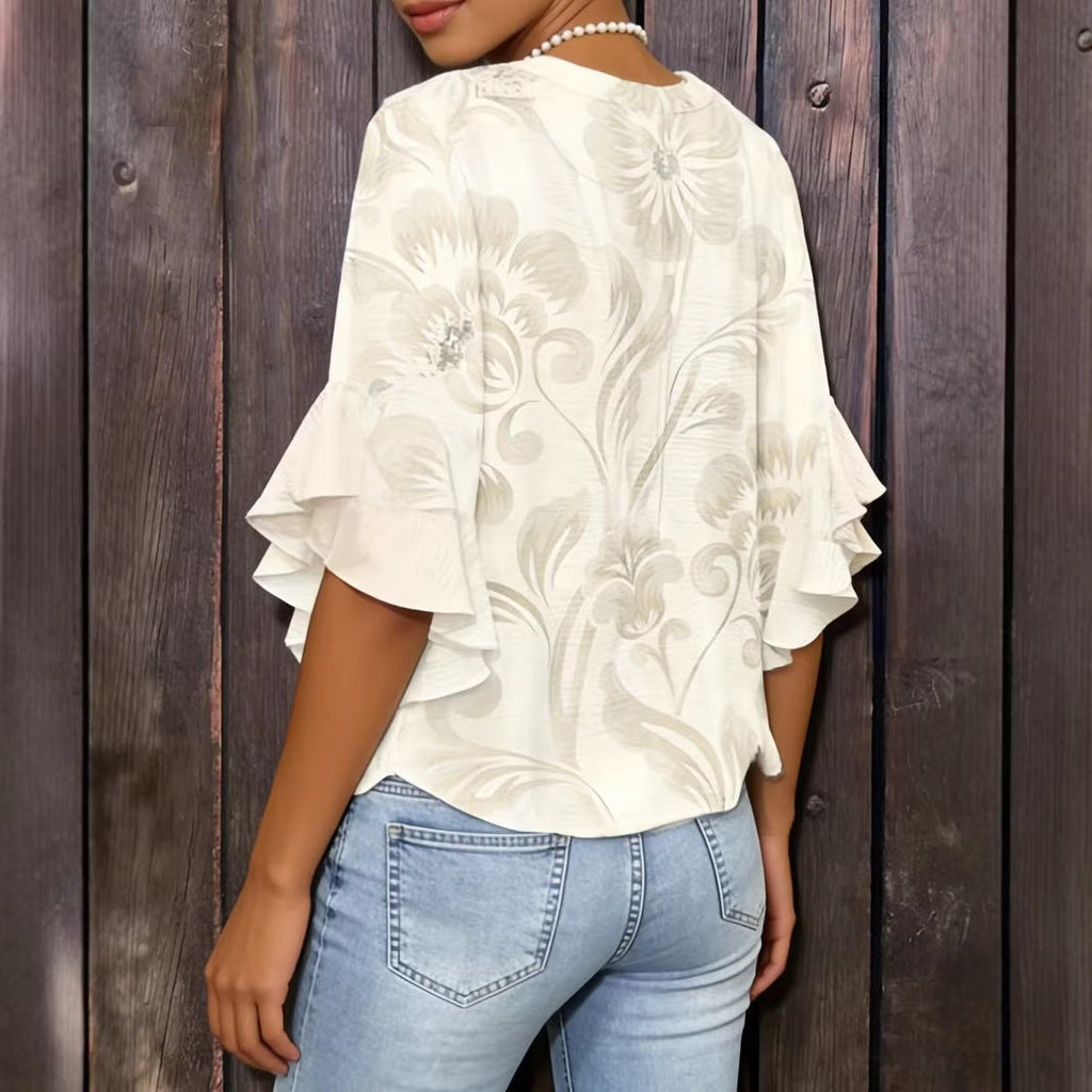 Lady 3D Print Ruffle Sleeve Loose Top