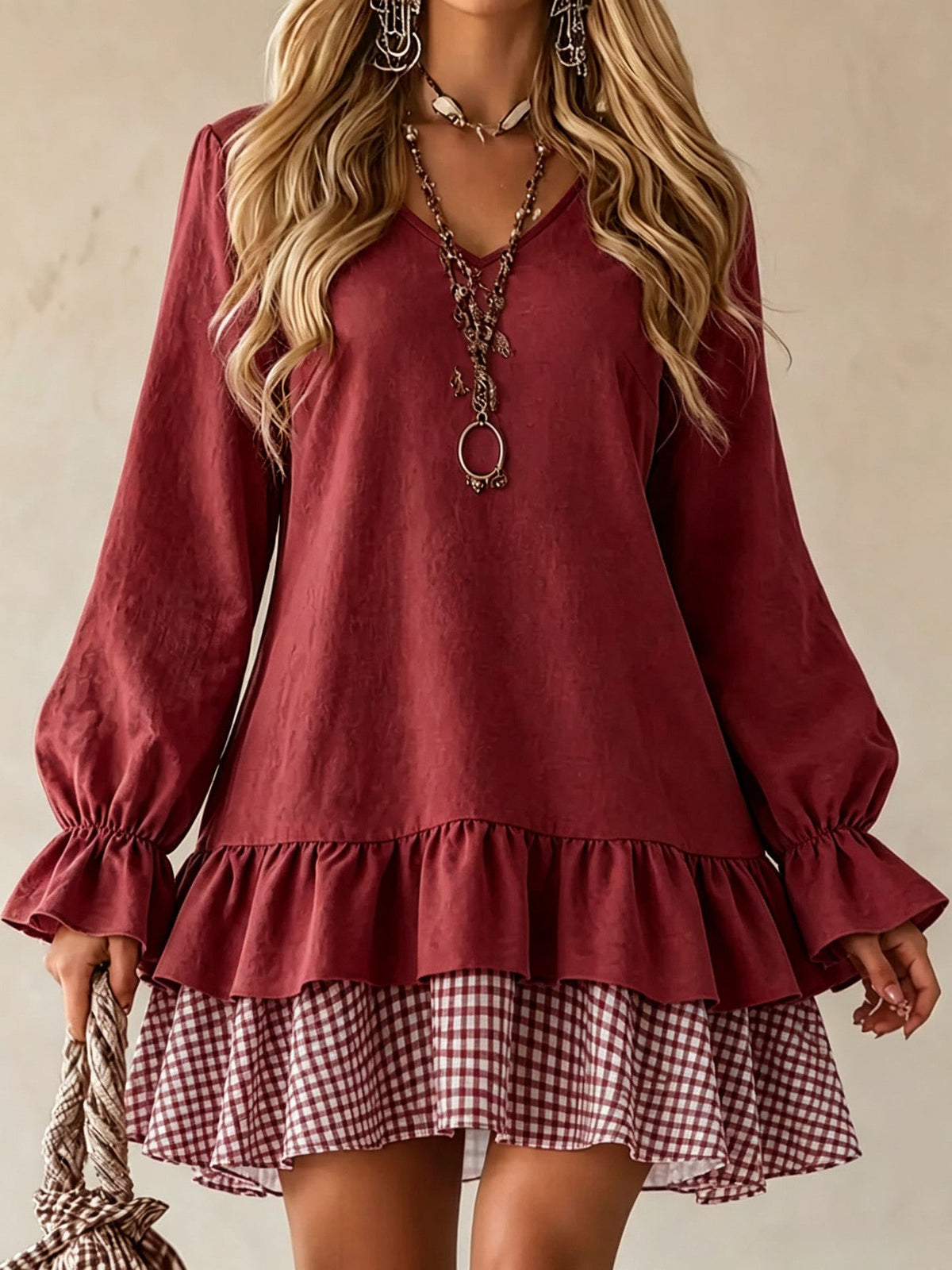 Plaid Patchwork Mini Dress W/ Ruffle Sleeve