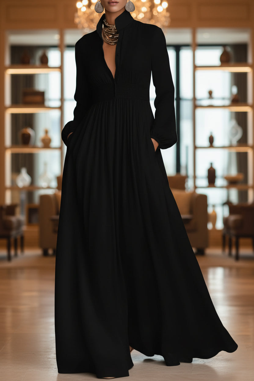 Chiffon French Style Long Sleeve Pleated A-Line Maxi Dress