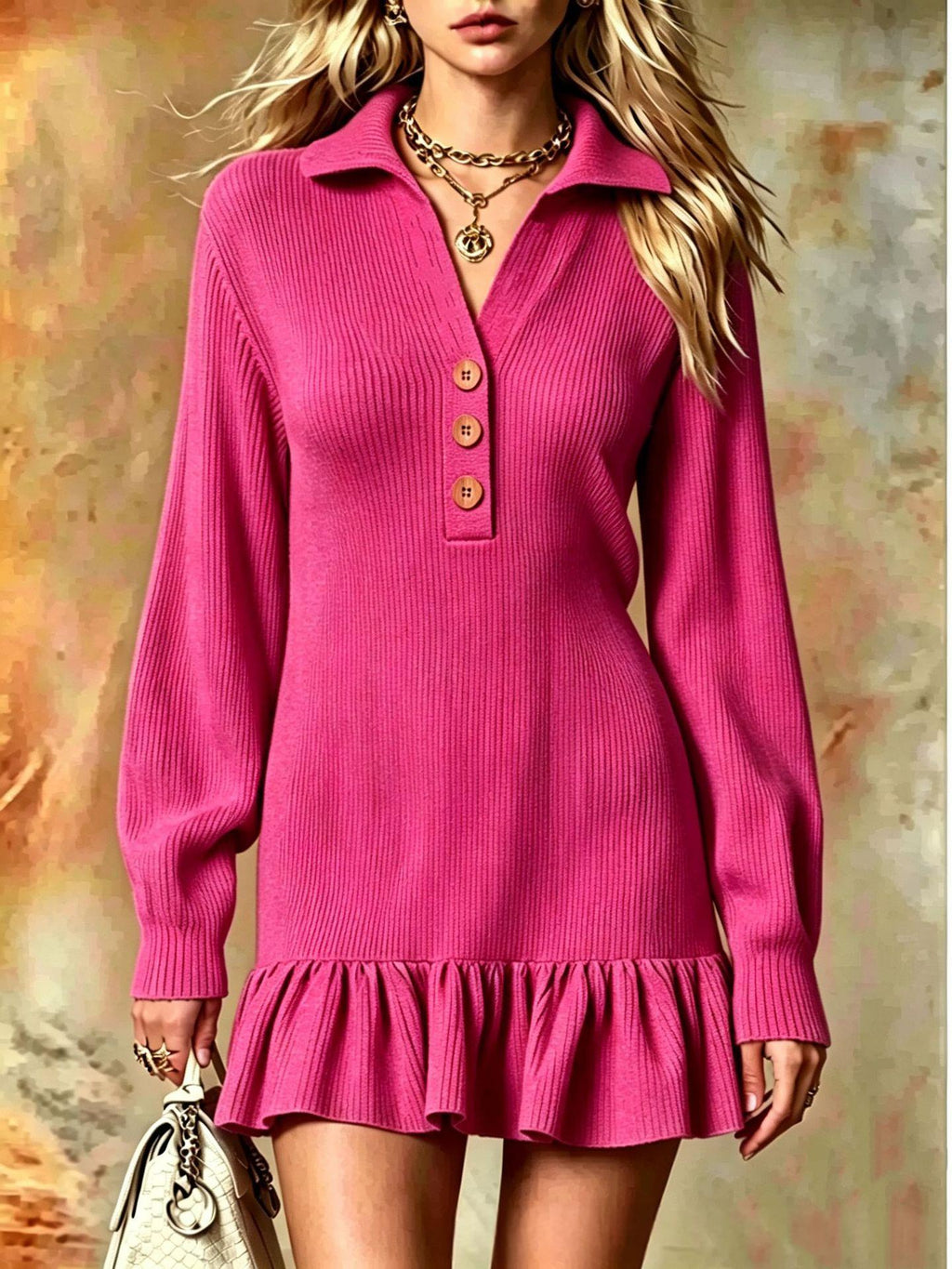 Ribbed Knit Polo Dress W/ Ruffle Hem Mini Dress