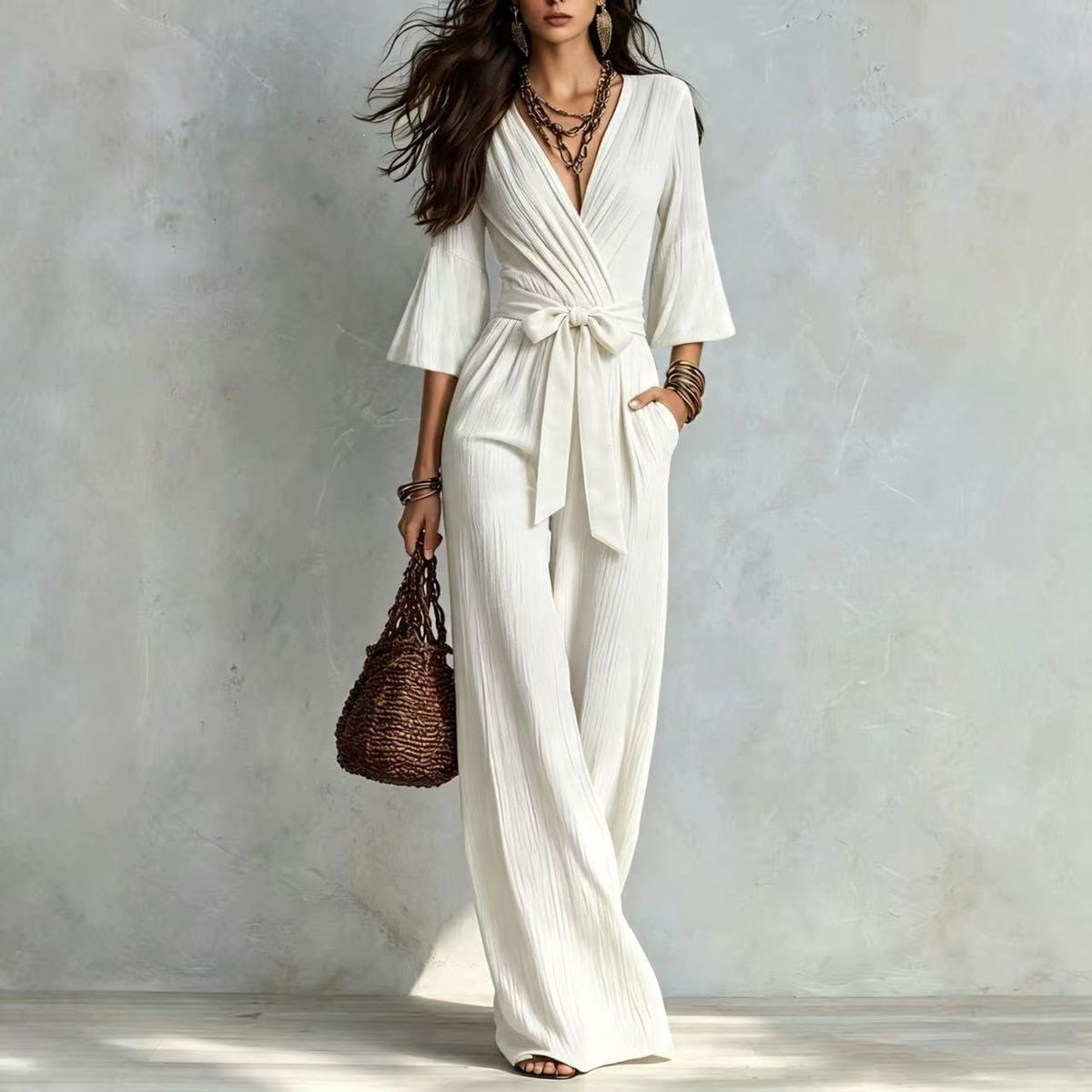 Deep V-neck Jumpsuit With Bubble Sleeves And Wide-leg Pants
