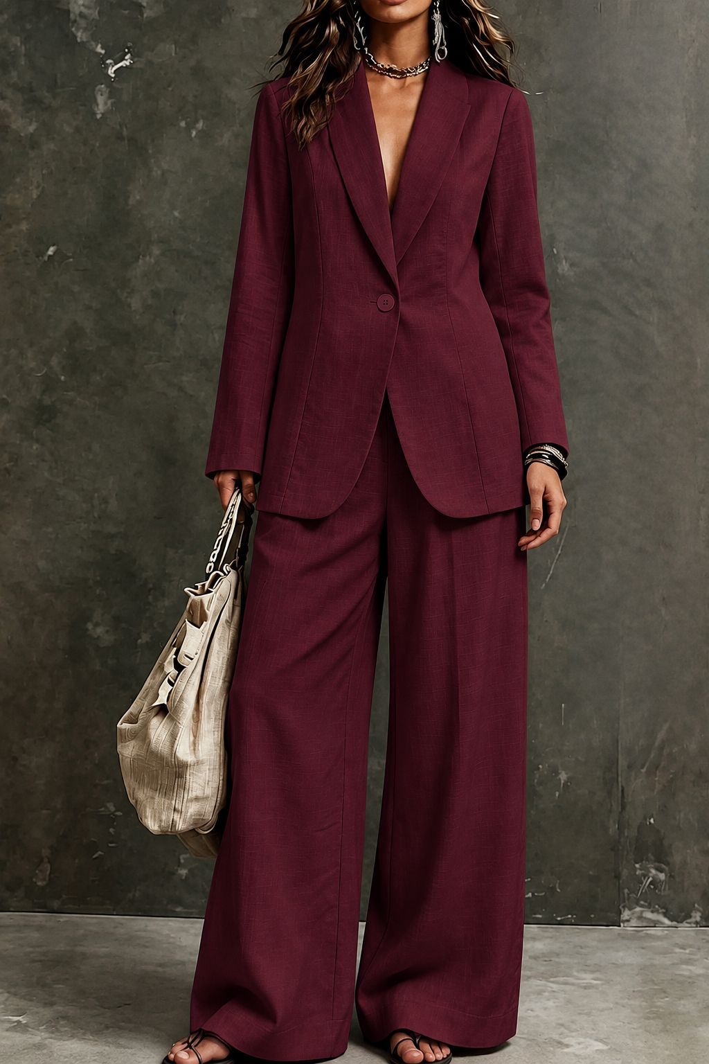 Women's Linen-Look Single-Button Blazer & Wide-Leg Trouser Suit Set
