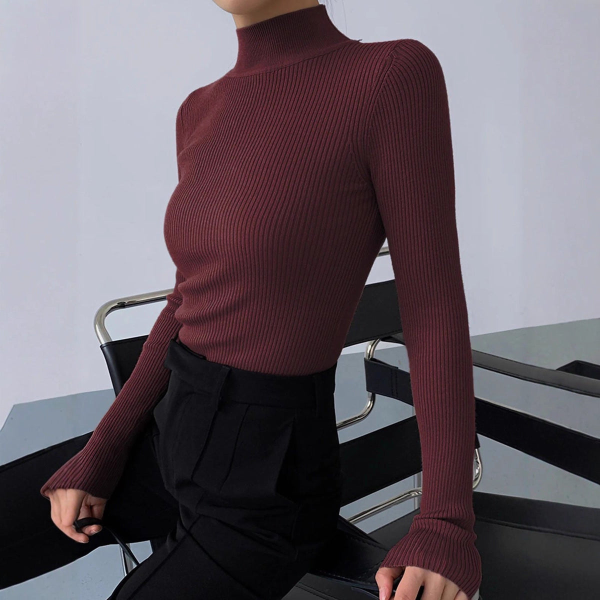 Burgundy Ribbed High-Neck Top