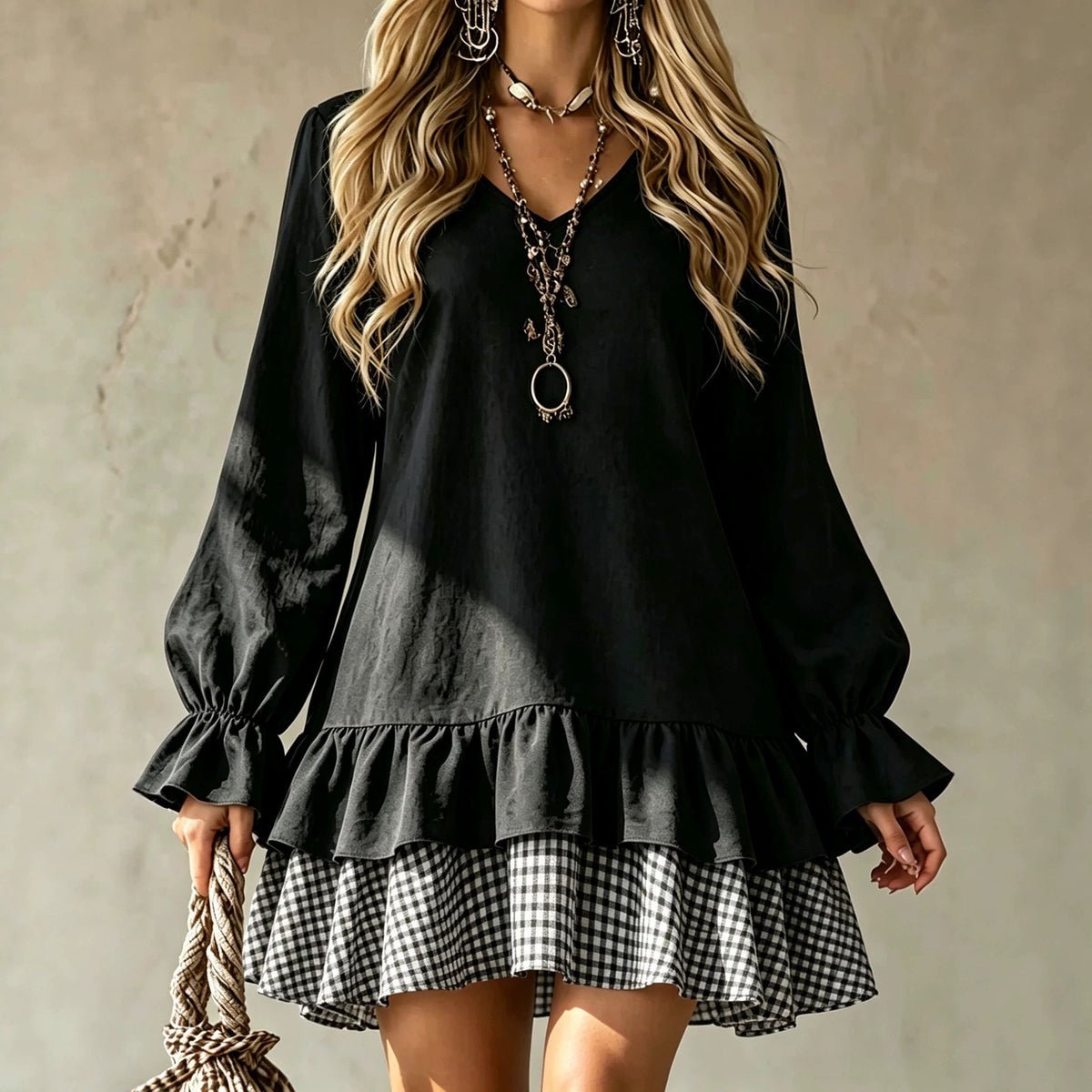 Plaid Patchwork Mini Dress W/ Ruffle Sleeve