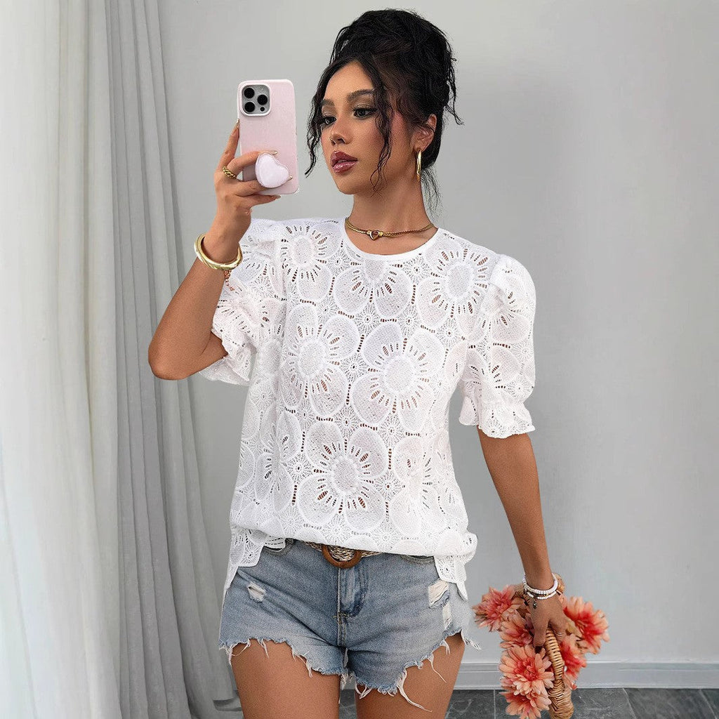 Lace Puff Sleeve Shirt Top – Loose Fit