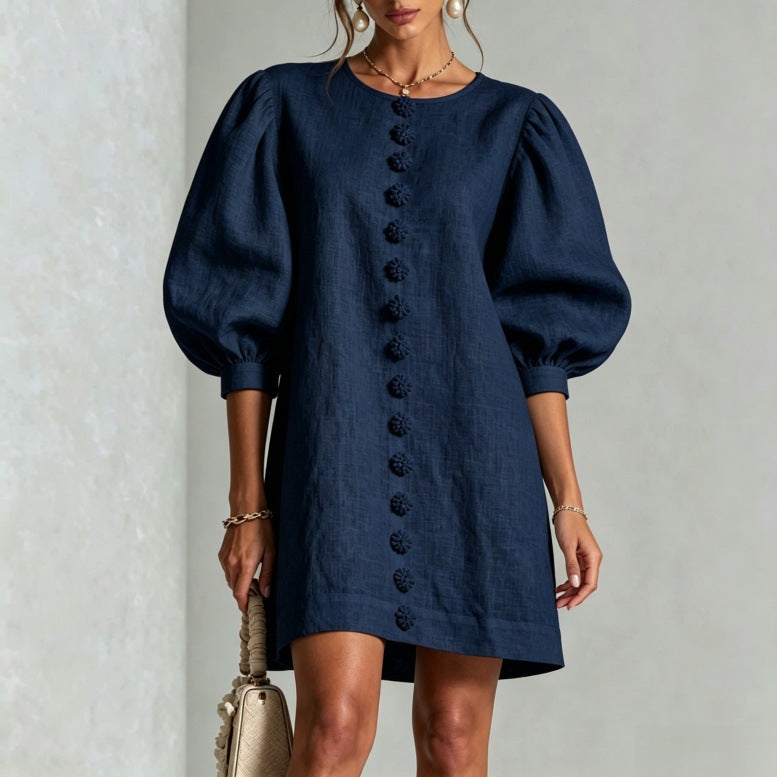 Button Front A-Line Puff Sleeve Dress