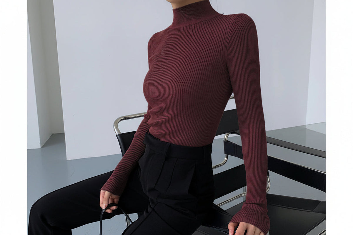 Burgundy Ribbed High-Neck Top