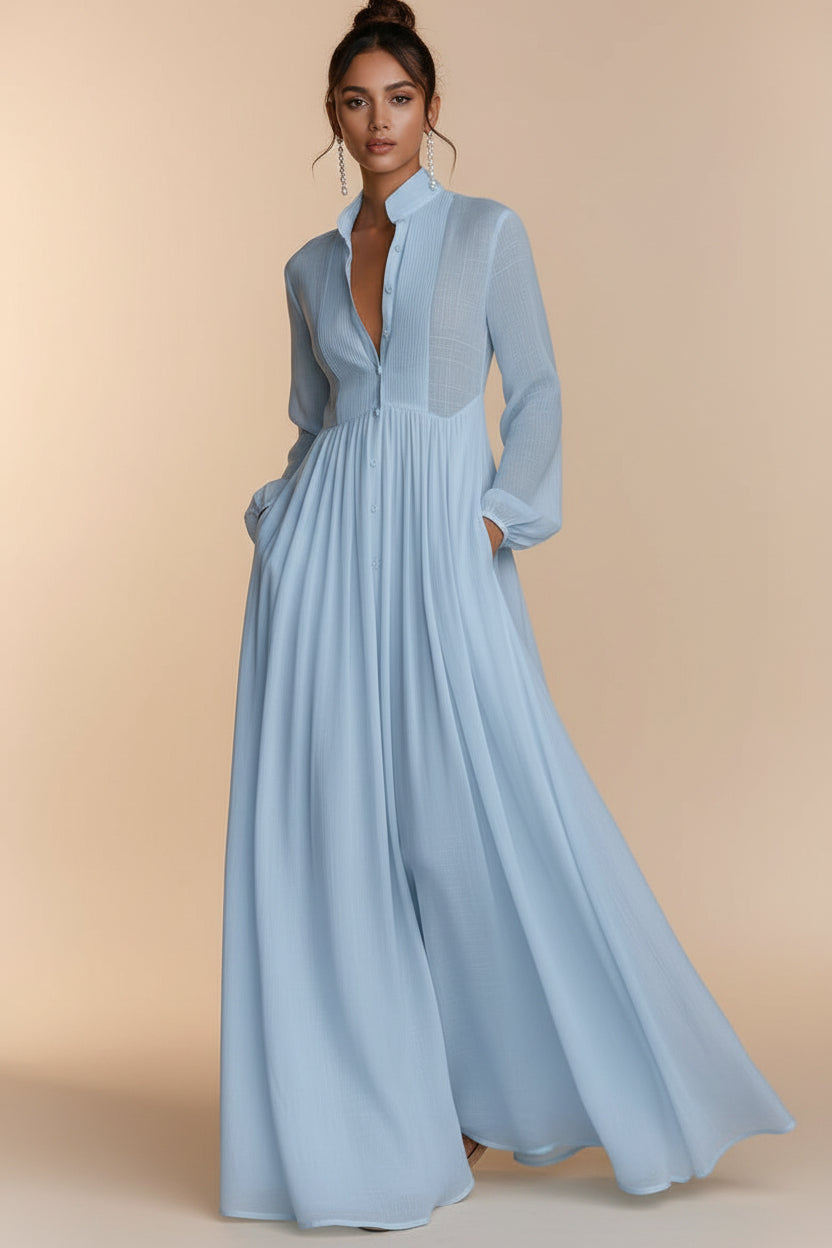 Chiffon French Style Long Sleeve Pleated A-Line Maxi Dress