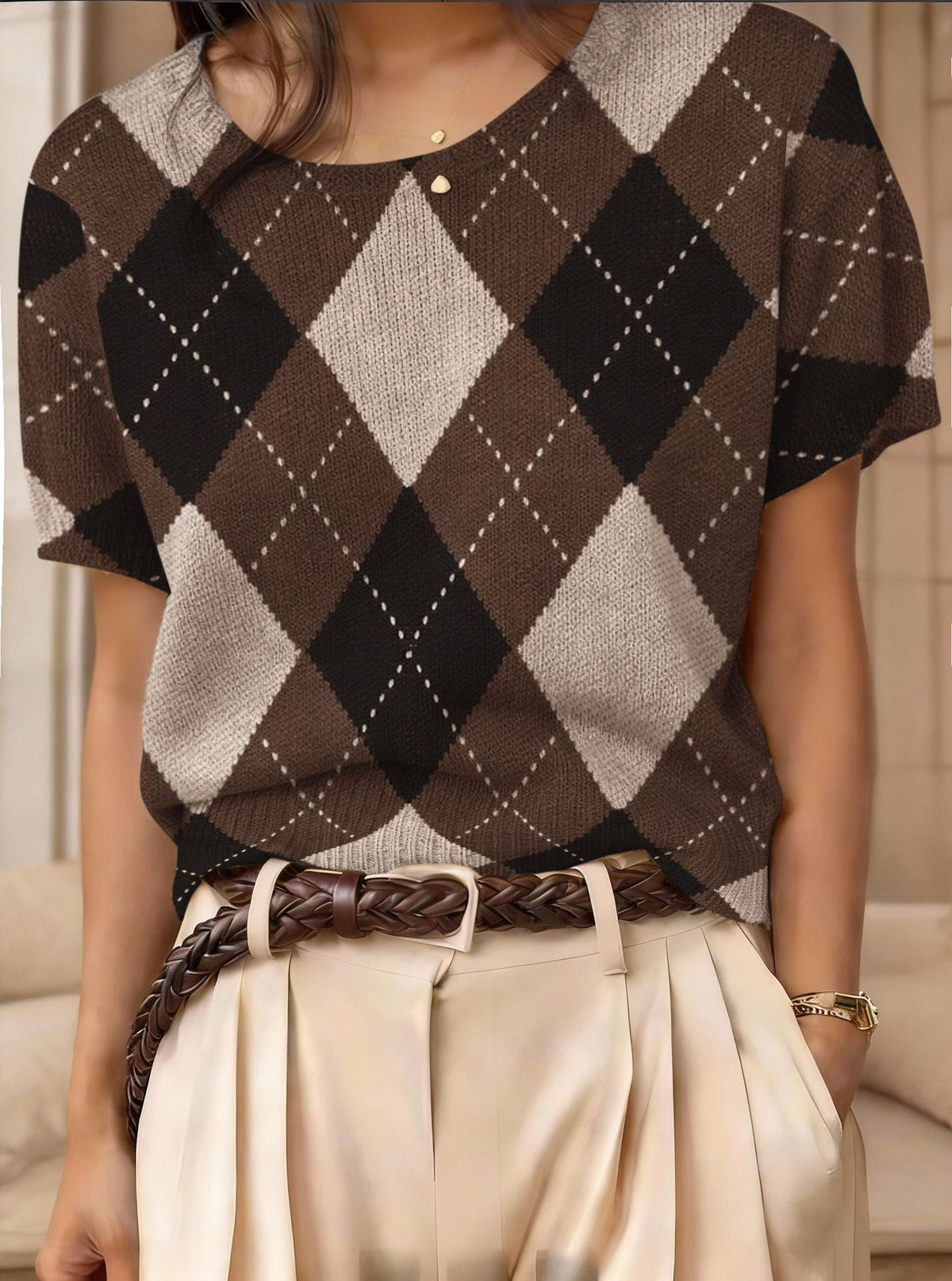 Retro Short-Sleeve Jacquard Knit Top
