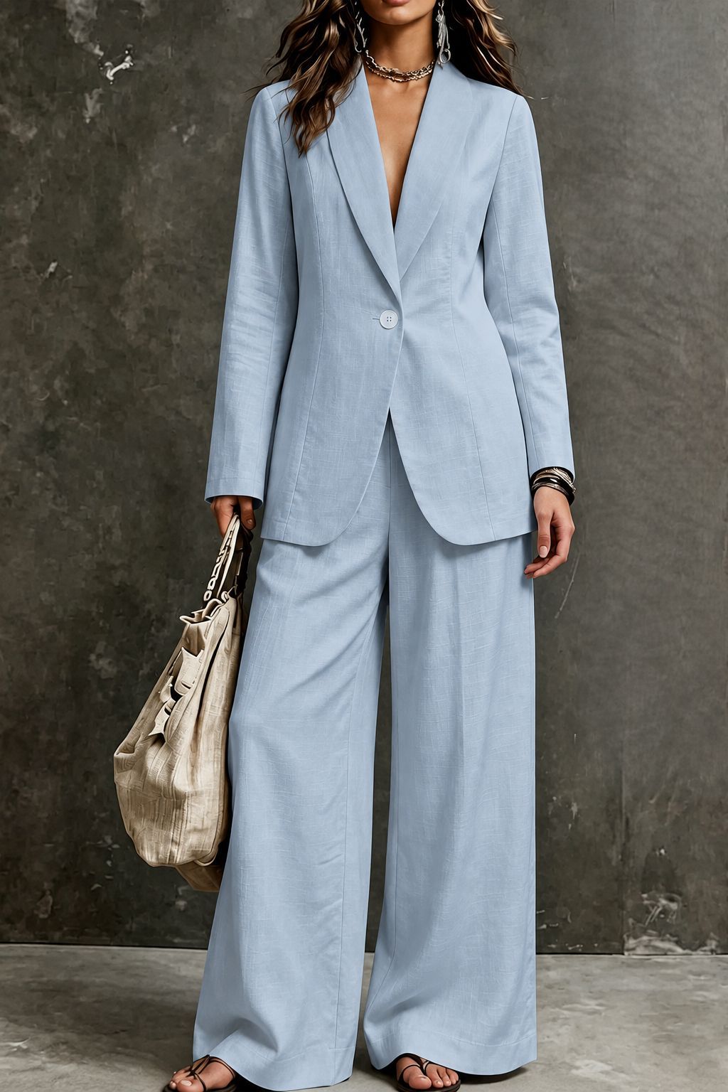 Women's Linen-Look Single-Button Blazer & Wide-Leg Trouser Suit Set