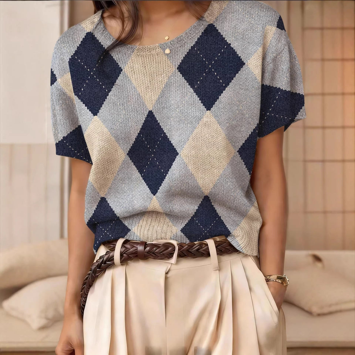 Retro Short-Sleeve Jacquard Knit Top
