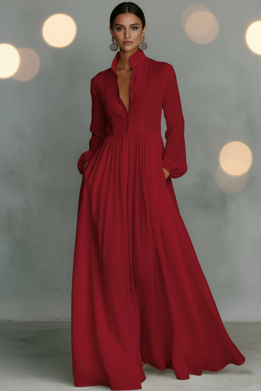 Chiffon French Style Long Sleeve Pleated A-Line Maxi Dress